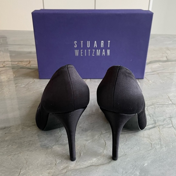 Stuart Weitzman - Swarovski Detail Black Satin Pointed Toe Pumps - Picture 3 of 4